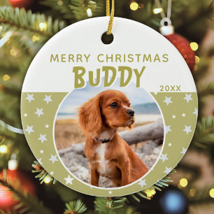 Adorno De Cerámica Foto de perro Mascota Merry Christmas Star Pattern