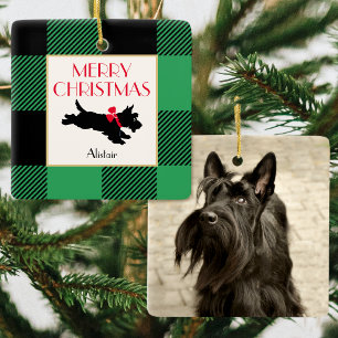 Adorno De Cerámica Foto de perro Scottie de Navidad en cuadros de búf