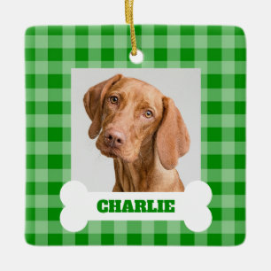 Adorno De Cerámica Foto de perro verde a cuadros hueso blanco con nom