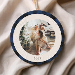 Adorno De Cerámica Foto de Personalizado con placa de búfalo azul y n<br><div class="desc">Navidades personalizados Personalizado de foto ornamento de cerámica de color azul y negro vintage</div>