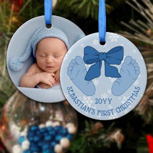 Adorno De Cerámica Foto de Pies de Bebé con Lazo Azul Primera Navidad