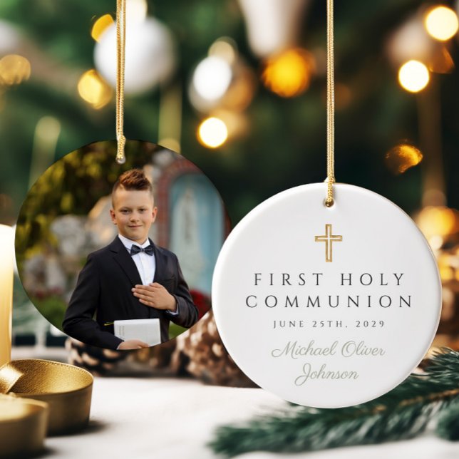 Adorno De Cerámica Foto de primera comunión del niño con guión verde  (Sage Green Script Boy First Communion Photo Ceramic Ornament)