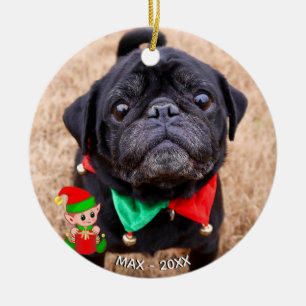 Adorno De Cerámica Foto de pug negro personalizada con elfo lindo