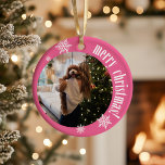 Adorno De Cerámica Foto de Purpurina de Navidad Retro Rosa Merry en 2<br><div class="desc">Celebra la temporada con nuestra tarjeta de fotos de Purpurina de Navidad Retro Rosa Merry! Con un diseño fotográfico familiar con fondo festivo de copo de nieve blanco, fuente retro y un mensaje purpurina personalizado en la parte de atrás, esta tarjeta añade un toque de brillo y encanto a sus...</div>