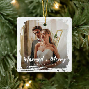 Adorno De Cerámica Foto de recién casados con mancha moderna Navidad