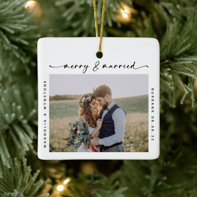 Adorno De Cerámica Foto de recién casados y de merry Keepsake (Árbol)