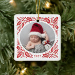 Adorno De Cerámica Foto de Red Holly 2 con Navidades de año<br><div class="desc">Foto personalizado adorno con follaje de invierno dibujado a mano.</div>