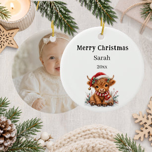 Adorno De Cerámica foto de ternero de las Highlands en Navidad niño