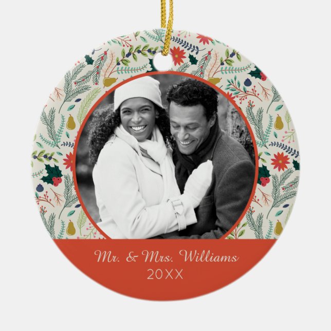 Adorno De Cerámica Foto de vacaciones | Floral navideña navideña (Frente)