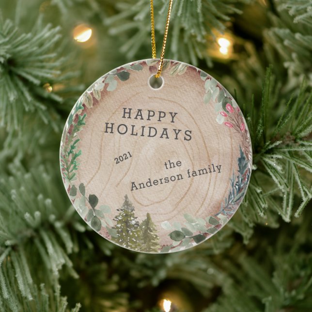Adorno De Cerámica Foto de Wood Slice Happy Holidays (Árbol)
