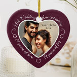 Adorno De Cerámica Foto del 14° aniversario del Boda<br><div class="desc">Celebra un año 14 feliz de casamiento con un adorno de fotos de personalizados en un marco de corazón delicioso. Simplemente suba tu propia foto de la pareja casada y aparecerá en el corte. El entorno de color de berenjena (berenjena) presenta una fuente y decoraciones de escritura blanca. Las palabras...</div>