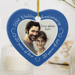 Adorno De Cerámica Foto del 20° aniversario del Boda<br><div class="desc">Celebra el 20 feliz año del matrimonio con un adorno de fotos de personalizados en un marco de corazón delicioso. Simplemente suba tu propia foto de la pareja casada y aparecerá en el corte. El surround azul presenta una fuente de escritura blanca y decoraciones. Las palabras son: 20° Aniversario Boda...</div>