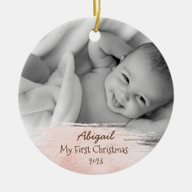 Adorno De Cerámica Foto del bebé Primer Personalizado de Navidad Orna (Frente)