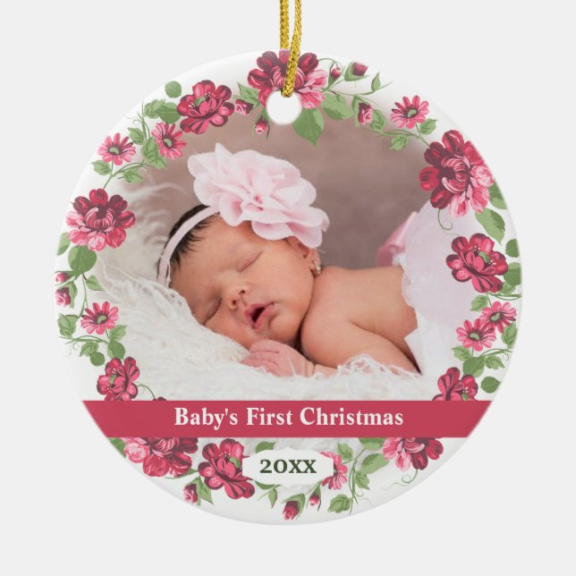 Adorno De Cerámica Foto del primer estilo de cabaña navideño del bebé (Frente)