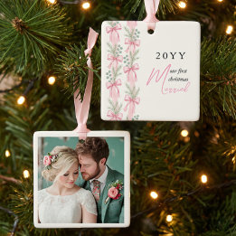 Adorno De Cerámica Foto del primer Navidad casados con lazo de pino r
