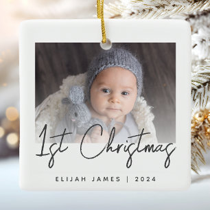 Adorno De Cerámica Foto del primer Navidad de bebé en gris escritura 