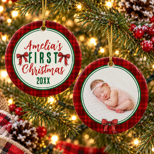 Adorno De Cerámica Foto del primer Navidad del bebé con lazo rojo