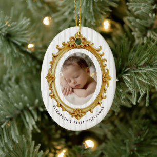 Adorno De Cerámica Foto del primer Navidad del bebé con marco dorado