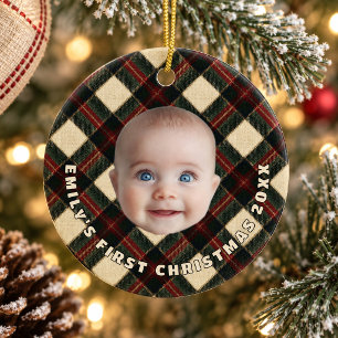 Adorno De Cerámica Foto del primer Navidad del bebé con Plaid Highlan