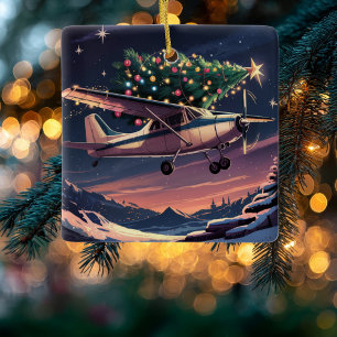 Adorno De Cerámica Foto divertida de árbol de Navidad en avión Cessna