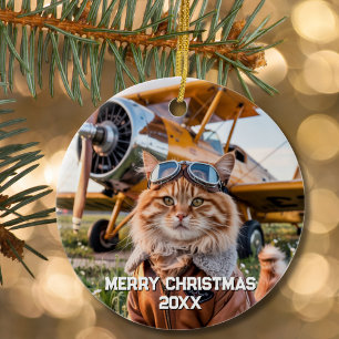 Adorno De Cerámica Foto divertida de avión de piloto gato Navidad