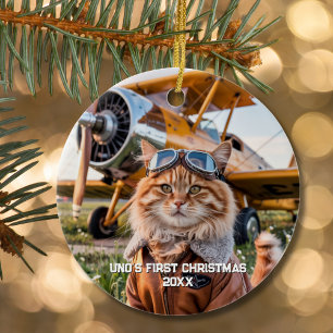 Adorno De Cerámica Foto divertida de avión de piloto gato Navidad