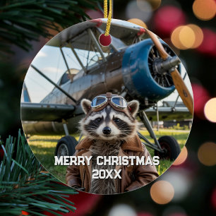 Adorno De Cerámica Foto divertida de avión piloto mapache Navidad