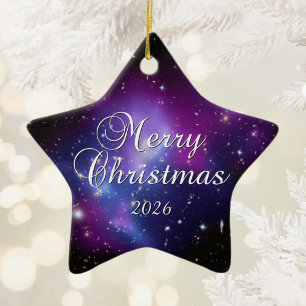 Adorno De Cerámica Foto espacial celestial púrpura, Feliz Navidad