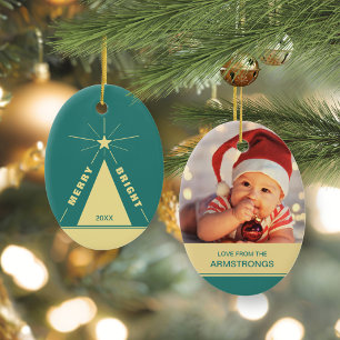 Adorno De Cerámica Foto familiar de árbol de Navidad ovalado turquesa