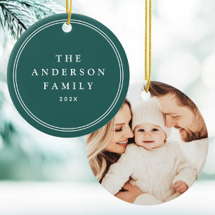 Adorno De Cerámica Foto familiar elegante nombre del borde año verde 