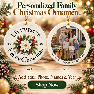 Adorno De Cerámica Foto familiar personalizada con poinsettia blanca