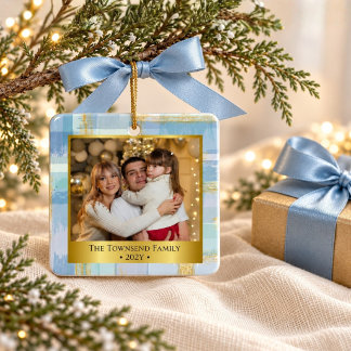 Adorno De Cerámica Foto Familiar Personalizada Navidad Azul y Dorado