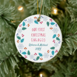 Adorno De Cerámica Foto First Christmas Engter Winter Woodland<br><div class="desc">Ornamento fotográfico personalizado para tu primera Navidad involucrado. Este diseño folclórico tiene tu foto por un lado y un arte folclórico, borde de bosques por el otro. La plantilla está preparada para que usted añada su propia fotografía, sus nombres y el año. El texto dice "Nuestra primera Navidad comprometida". Tu...</div>