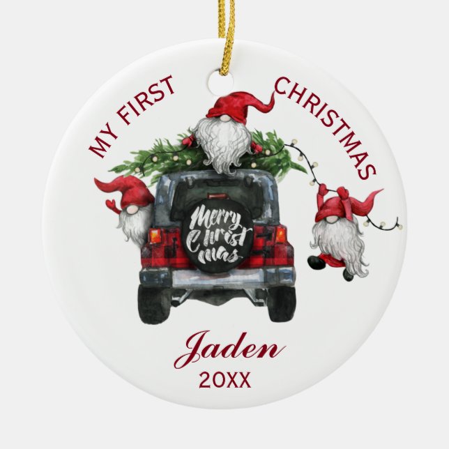 Adorno De Cerámica FOTO Gnomes mi primera fiesta navideña acuarela (Frente)