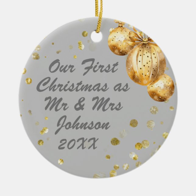 Adorno De Cerámica Foto Gray Gold First Christmas Mr Mrs. (Frente)