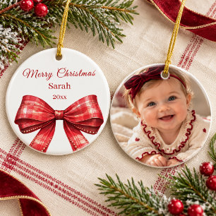 Adorno De Cerámica foto lazo de tartán rojo de Navidad