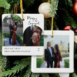 Adorno De Cerámica Foto manuscrita de merry y arca comprometida<br><div class="desc">Ornamento de navidad y navidad enganchada con fotos en forma de arco en la parte delantera y una foto cuadrada en la parte trasera. Merry & Engaged está escrito a mano en tipografía y puede personalizarse con sus nombres, texto personalizado como First / Last Navidades Engaged o su(s) apellido(s) y...</div>