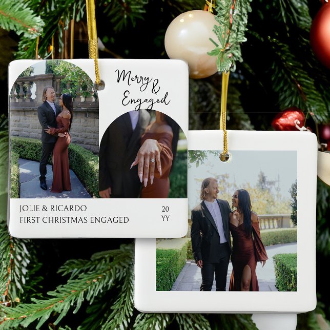 Adorno De Cerámica Foto manuscrita de merry y arca comprometida (Merry & Engaged Photo Christmas Ornament by Darling & May)