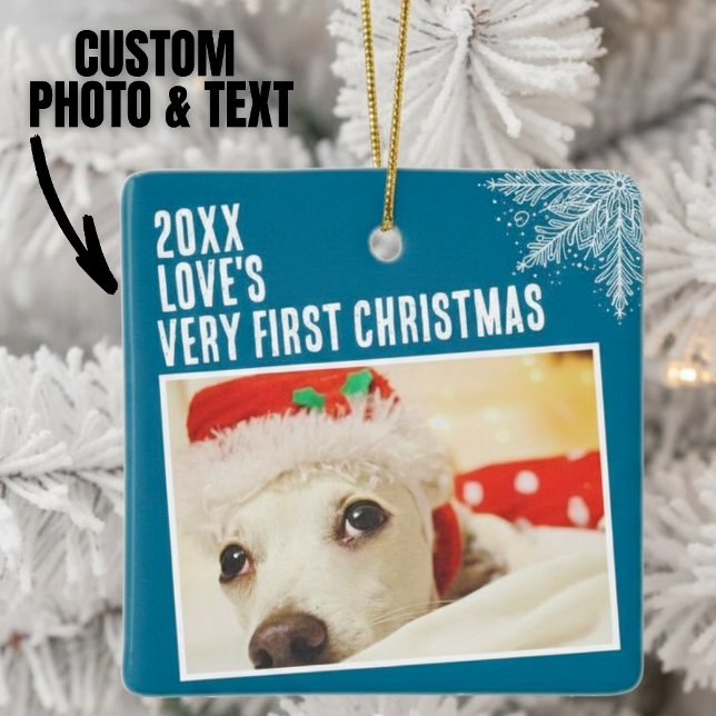 Adorno De Cerámica Foto Mascota personalizada Primer Personalizado de (Personalized Pet Photo First Christmas Custom Ceramic Ornament.)