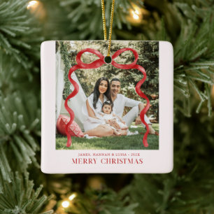 Adorno De Cerámica Foto moderna de Navidad con lazo rojo