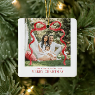 Adorno De Cerámica Foto moderna de Navidad con lazo rojo
