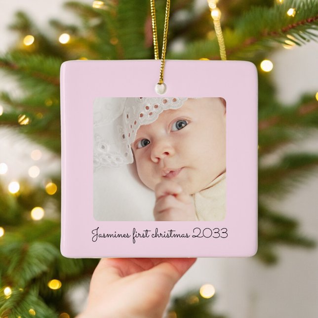 Adorno De Cerámica foto moderna mínima rosa de los niños primera navi (minimal pink photo babys first christmas ornament , minimalist classic design , keepsake )