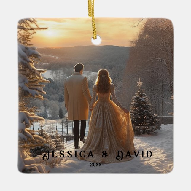 Adorno De Cerámica Foto Pareja Nieve Invierno Moderno Personalizado (Anverso)