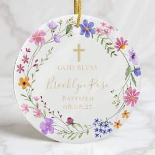 Adorno De Cerámica Foto personalizada de bautismo floral silvestre
