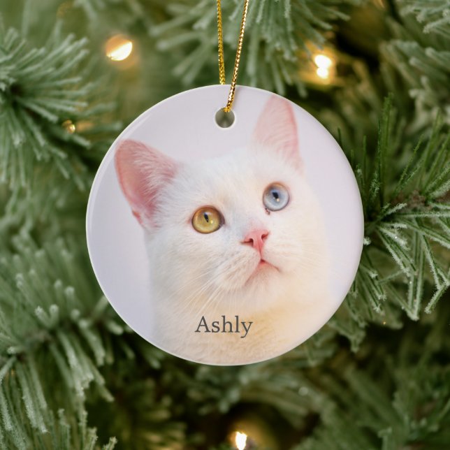 Adorno De Cerámica Foto personalizada de gato blanco personalizado (Árbol)