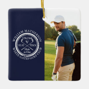 Adorno De Cerámica Foto personalizada de golfista en hoyo en uno azul