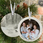 Adorno De Cerámica Foto personalizada de la acuarela de Winter Forest<br><div class="desc">¡Ornamento de Navidad fotográfico que puedes personalizar para Nana y Abuelo o cualquier otro! El diseño tiene una elegante acuarela a un lado de un lago forestal de invierno y un pato. El otro lado tiene su foto y sus nombres u otro texto personalizado. La plantilla de la foto muestra...</div>