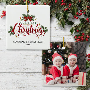 Adorno De Cerámica Foto personalizada de la primera Navidad de gemelo