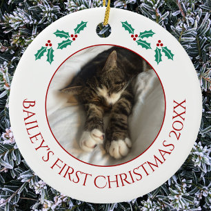 Adorno De Cerámica Foto personalizada de la primera Navidad del gato