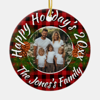 Adorno De Cerámica Foto personalizada de Navidad en cuadros rojos con